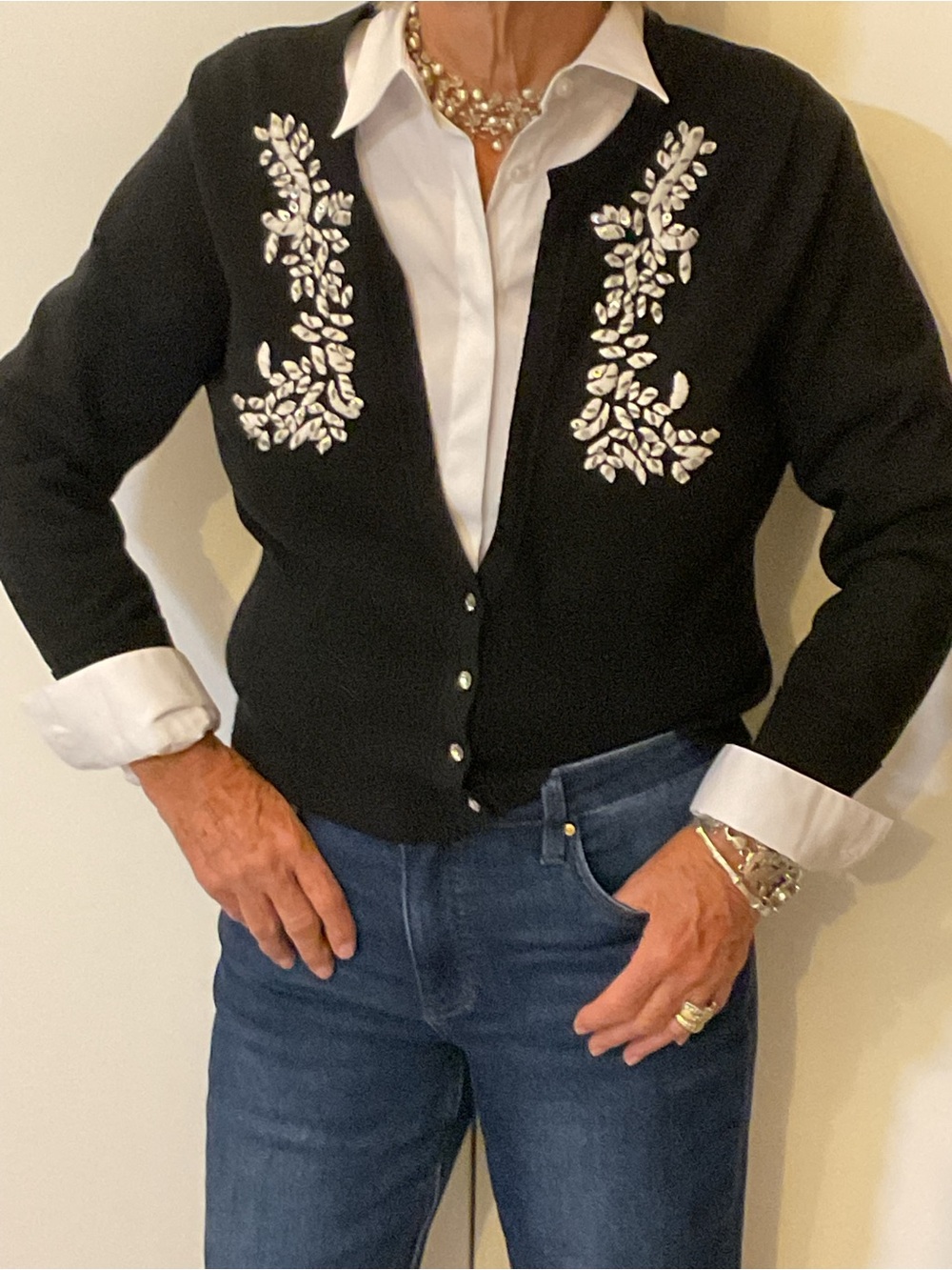 Vintage Black Embroidered cropped sweater with beading, & rhinestone buttons